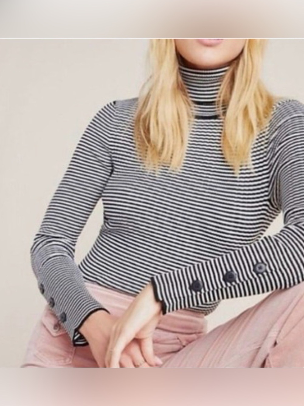 Anthropologie Women’s Striped Button Cuffs Turtleneck Size XL